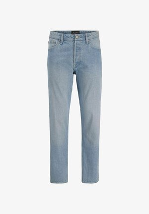 Jeans in denim celeste con taglio dritto, design a cinque tasche, chiusura con bottone e una finitura leggermente sbiadita.