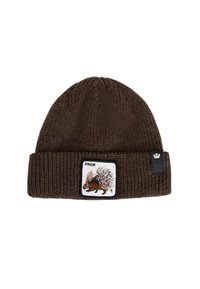 Dark brown knit beanie with folded cuff, featuring a patch of a porcupine and the word "PRICK" on the front.