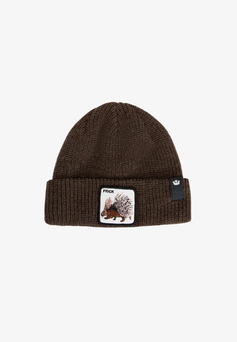 Dark brown knit beanie with folded cuff, featuring a patch of a porcupine and the word "PRICK" on the front.