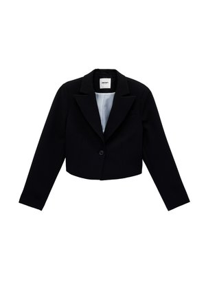 Zwart cropped blazer met lange mouwen, enkele knoopsluiting, revers met inkeping en een licht gestreepte voering aan de binnenkant.
