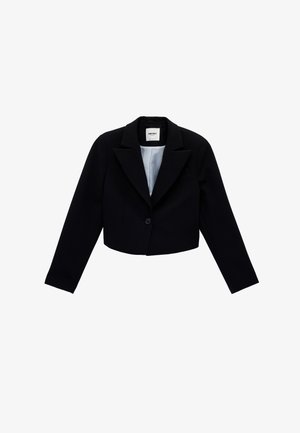 Zwart cropped blazer met lange mouwen, enkele knoopsluiting, revers met inkeping en een licht gestreepte voering aan de binnenkant.