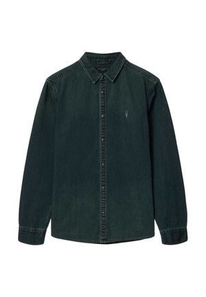 Chemise en jean noire à manches longues avec col et petit logo brodé sur le côté gauche de la poitrine.