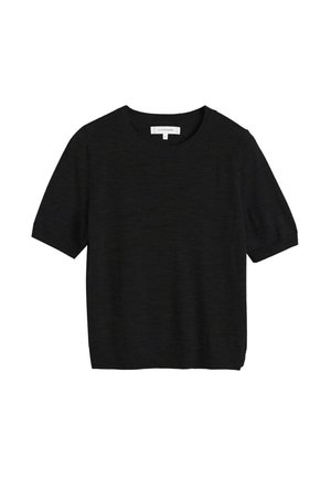 Pull noir en maille à manches courtes avec un col rond, une coupe décontractée et une texture subtile. Le matériau semble doux et léger.