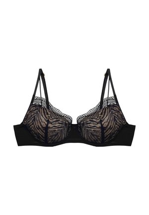 Schwarzer Spitzen-BH mit Unterwäsche in einem Zebra-Muster aus transparentem Material, mit glattem schwarzen Stoffband und verstellbaren Trägern.