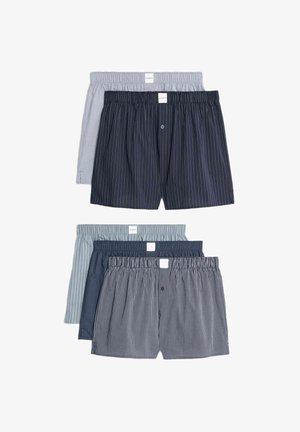 Baumwoll-Boxershorts in verschiedenen Farben, darunter Grau und Marineblau, mit Streifen, elastischen Taillenbünden und Knopfverschluss vorne.