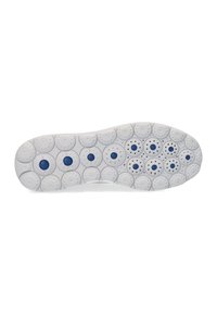 Suela de zapato de goma blanca con un patrón circular y texturizado que presenta acentos azules y agujeros de ventilación, diseñada para durabilidad y tracción.