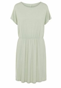 Světle zelené šaty z měkké látky. Mají krátké rukávy, kulatý výstřih a elastický pas pro pohodlné nošení. Jednoduchý design.