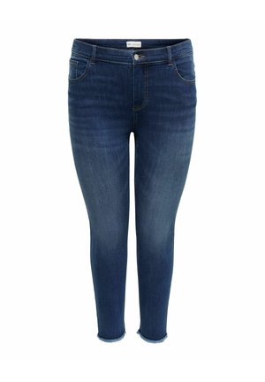 Jean skinny bleu foncé avec bouton et zip, design à cinq poches, ourlets effilochés, présenté de face sur fond blanc.