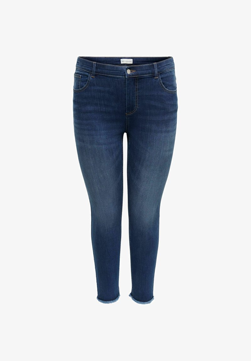 Ciemnoniebieskie obcisłe dżinsy z guzikiem i zamkiem, pięciokieszeniowym krojem oraz postrzępionymi nogawkami, widoczne z przodu na białym tle.