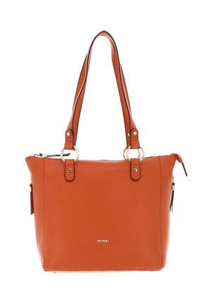 Sac à main synthétique orange avec poignées doubles, quincaillerie dorée, fermeture éclair et poche latérale. Surface texturée avec un subtil éclat.