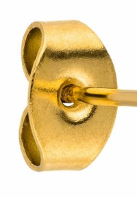 Goldfarbener Metallbeschlag mit einer gewellten, runden Form und einem zentralen Loch. Glatte Textur mit einem reflektierenden Finish.