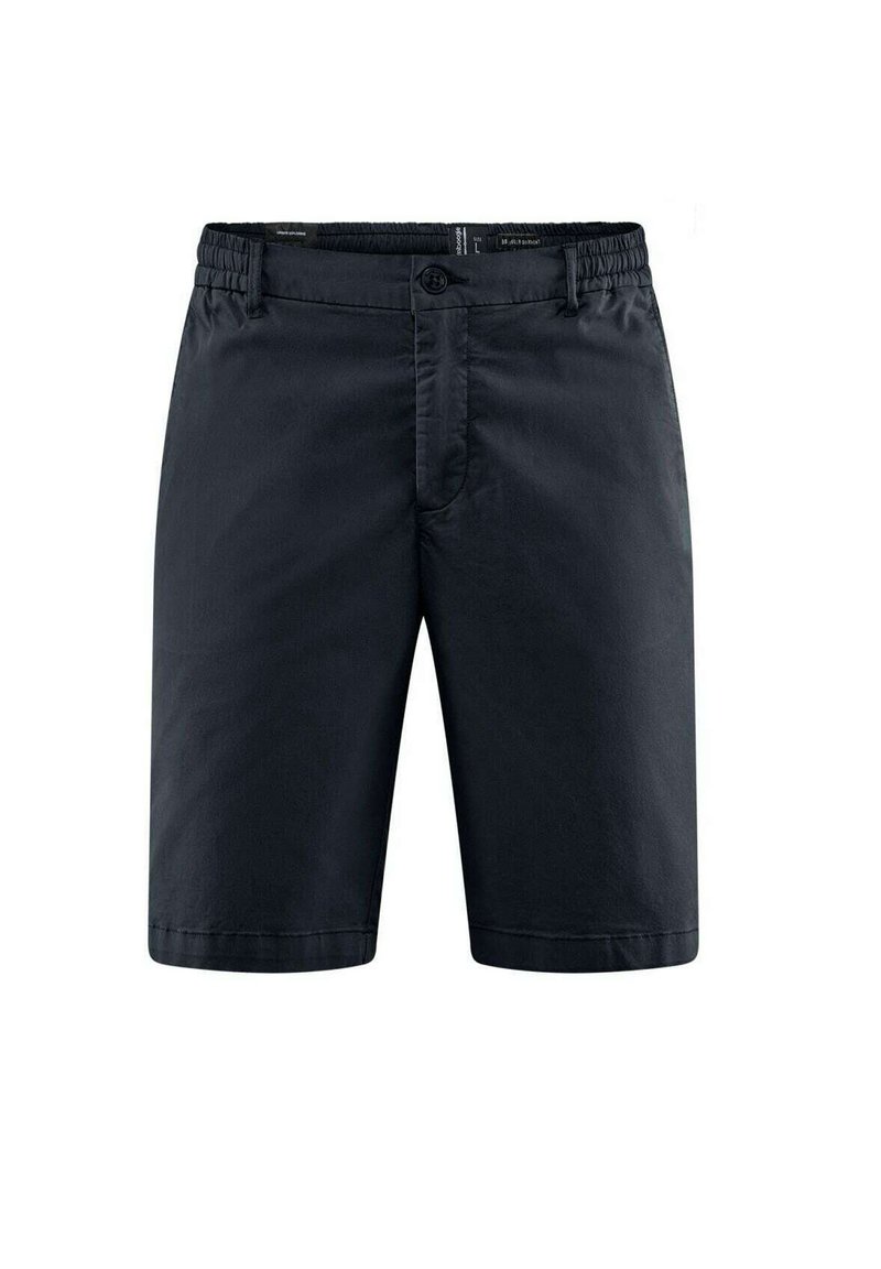 Pantaloni corti neri realizzati in un tessuto liscio, dotati di chiusura a bottone e vita elastica. Il design è semplice, senza motivi o accenti visibili.