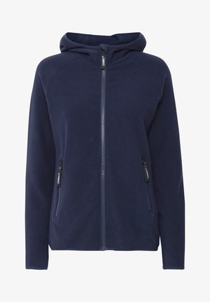Marineblå fleece hættetrøje med fuld lynlås, der har to sidelommer med lynlås og en blød, struktureret finish.