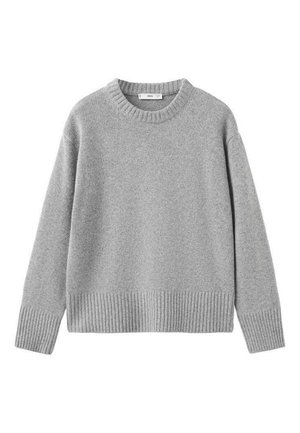 Gray sweater made from a soft knit material, featuring a round neckline, dropped shoulders, and ribbed hem and cuffs for texture.
