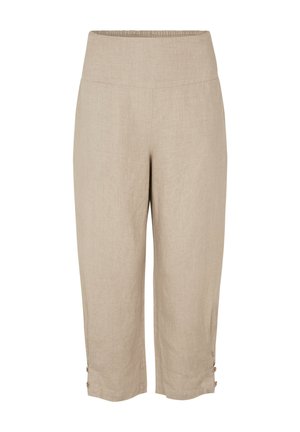 Beige Leinen-Caprihosen mit elastischem Bund, seitlichen Schlitzen am Saum und dekorativen Knöpfen für zusätzliche Details.