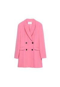 Roze double-breasted blazer met lange mouwen, twee vo pockets en zwarte knopen. Gladde textuur en nauwkeurige pasvorm.