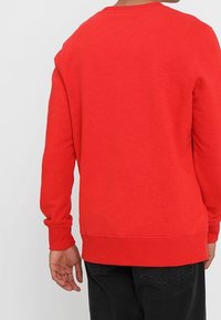 Persona vestida con un sudadera roja de manga larga lisa y pantalones negros, vista desde atrás contra un fondo claro y liso.