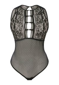 Bodysuit negro con parte superior de encaje con patrón floral, parte inferior de malla con lunares, detalles de ojal y tira ajustable en el cuello para el cierre.