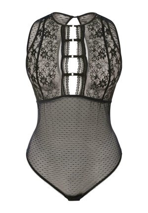 Black bodysuit featuring lace upper with floral pattern, polka dot mesh lower, keyhole details, and adjustable neck strap for closure.