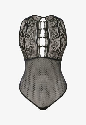 Zwarte bodysuit met bovenkant van kant met bloemmotief, onderkant van polka dot mesh, sleutelgatdetails en verstelbare halsband voor sluiting.