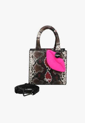 Snakeskin handbag in black, gray, and pink. Features a pink lip accent and a detachable strap. Square shape with structured design.