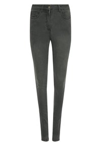 Kapeat farkut tummanharmaasta denimmateriaaleista, joissa on keskikorkea vyötärö, viisi taskua ja edessä vetoketju metallinappikiinnityksellä.