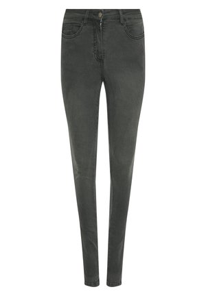 Slank jeans i mørkegrå denim med en mid-rise talje, fem lommer og en frontlynlås med metalknaplukning.