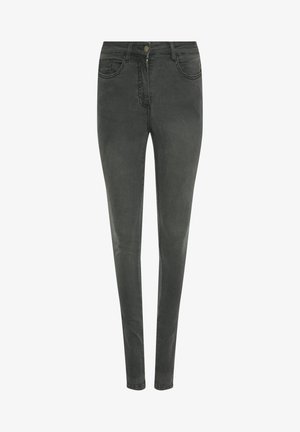 Slank jeans i mørkegrå denim med en mid-rise talje, fem lommer og en frontlynlås med metalknaplukning.
