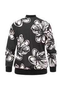 Pull-over noir à manches longues avec de grands motifs floraux rose clair et des poignets et un ourlet noirs côtelés, vu de dos.