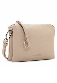 Borsa a tracolla in pelle beige con finitura testurizzata, hardware argentato e tracolla staccabile. Presenta una chiusura con zip e un logo impresso.