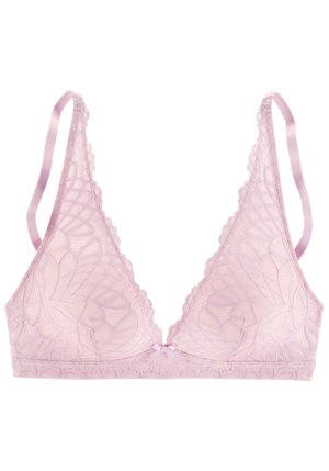 Lace bralette i myk rosa med trekantede kopper, bølgede kanter, justerbare satengstropper og en liten sløyfe i midten.
