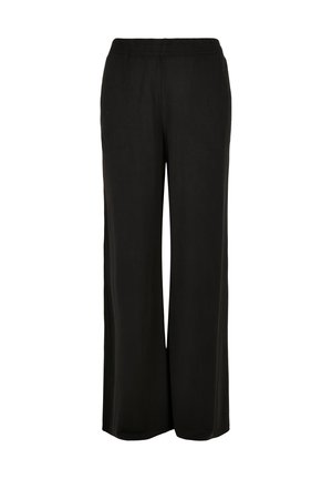 Black wide-leg pants with elastic waistband, smooth fabric, and no visible pockets or embellishments, shown against a white background.