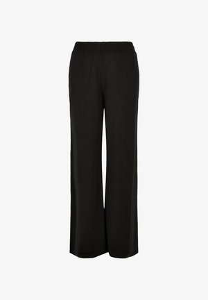 Black wide-leg pants with elastic waistband, smooth fabric, and no visible pockets or embellishments, shown against a white background.