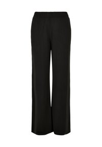 Schwarze weit geschnittene Hose mit elastischem Bund, glattem Stoff und ohne sichtbare Taschen oder Verzierungen, vor weißem Hintergrund gezeigt.