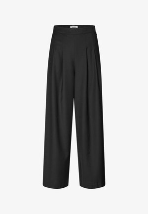 Black, wide-leg trousers with a pleated front and a smooth waistband, designed for a relaxed and stylish fit.