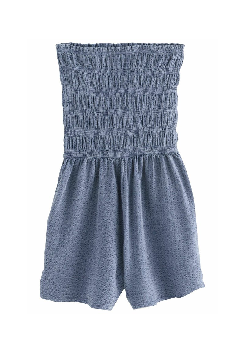 Blauer, trägerloser Jumpsuit mit gerafftem Oberteil und einem schwingenden, strukturierten Rock. Hergestellt aus einem leichten, atmungsaktiven Stoff.
