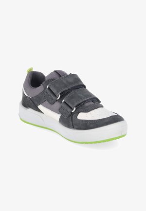Dziecięcy ciemnoszary i biały sneaker z dwoma paskami na rzepy i zielonymi akcentami na podeszwie, zaprojektowany dla łatwego zapinania i komfortu.