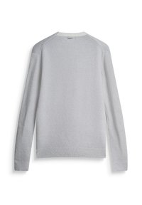 Pull gris clair à manches longues, design tricoté texturé, poignets et ourlet côtelés, et col rond. La vue arrière montre des détails minimaux.