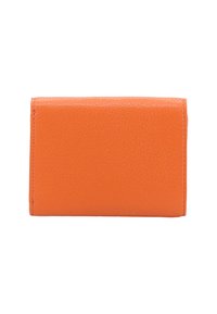 Orange leather wallet, rectangular shape, textured surface, featuring a simple design without visible hardware or accents.