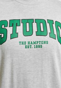 Grå bomull T-skjorte med fet grønn tekst som sier "STUDIO," "THE HAMPTONS," og "EST. 1995," med rund hals og myk tekstur.