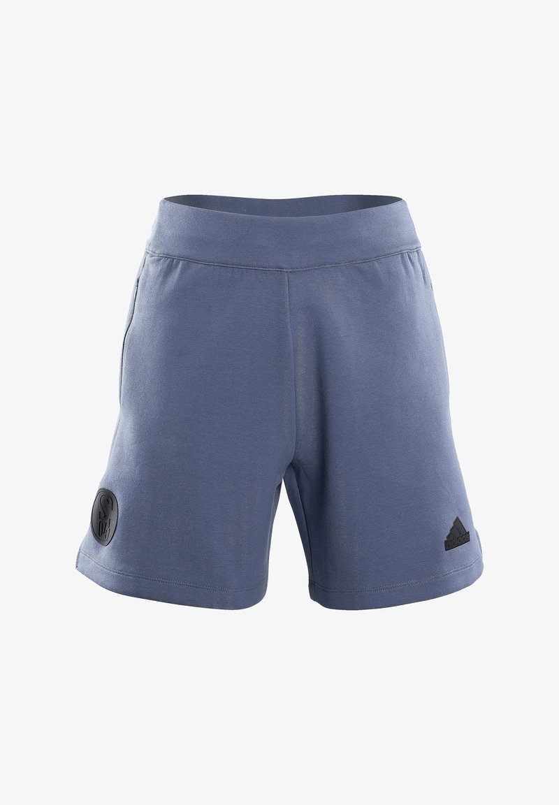 Blauwe sportshorts van textuurstof met een elastische tailleband, voorzien van zijzakken en zwarte logo-accenten.