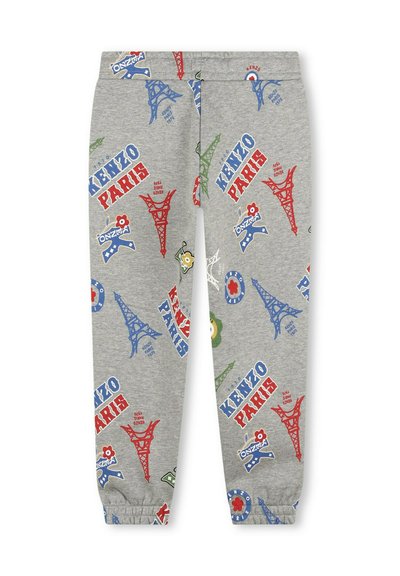 Pantalons de survêtement gris avec un imprimé graphique répété de la Tour Eiffel et "KENZO PARIS" en rouge et bleu. Ceinture élastique et poignets.