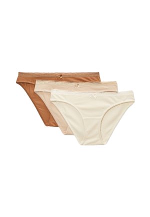 Trois culottes bikini pour femmes en marron, beige et blanc cassé, chacune avec un petit nœud au centre de la ceinture.