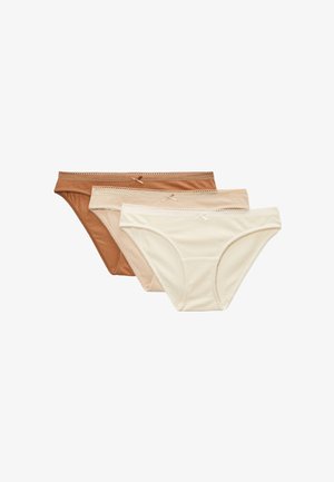 Trois culottes bikini pour femmes en marron, beige et blanc cassé, chacune avec un petit nœud au centre de la ceinture.