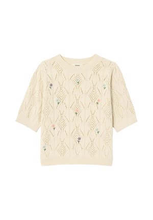 Pull en tricot crème à manches courtes avec un motif ajouré en forme de losanges et de petites fleurs pastel brodées éparpillées sur le devant.