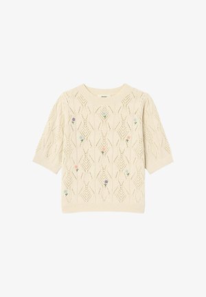 Pull en tricot crème à manches courtes avec un motif ajouré en forme de losanges et de petites fleurs pastel brodées éparpillées sur le devant.