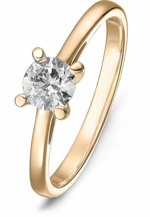 Goldring mit einem glatten Band und einem runden, klaren Edelstein, der von vier Krappen gehalten wird. Das Design ist schlicht mit einer polierten Oberfläche.