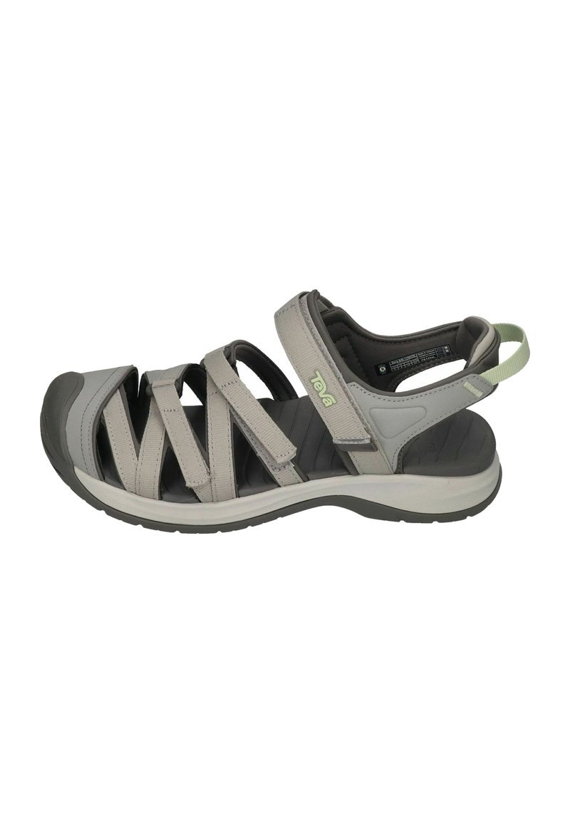 Gray sandal with multiple adjustable straps made of synthetic material, rubber sole, and cushioning. Light green accent on the heel.
