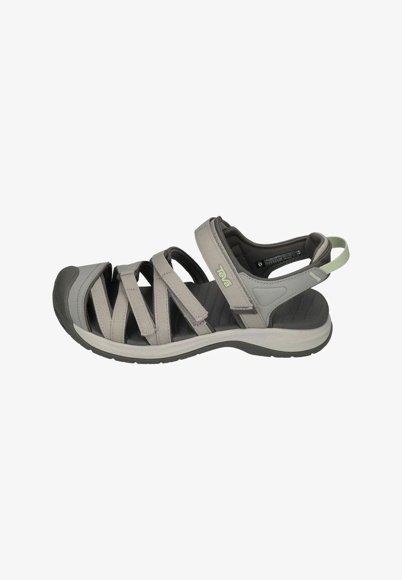 Gray sandal with multiple adjustable straps made of synthetic material, rubber sole, and cushioning. Light green accent on the heel.