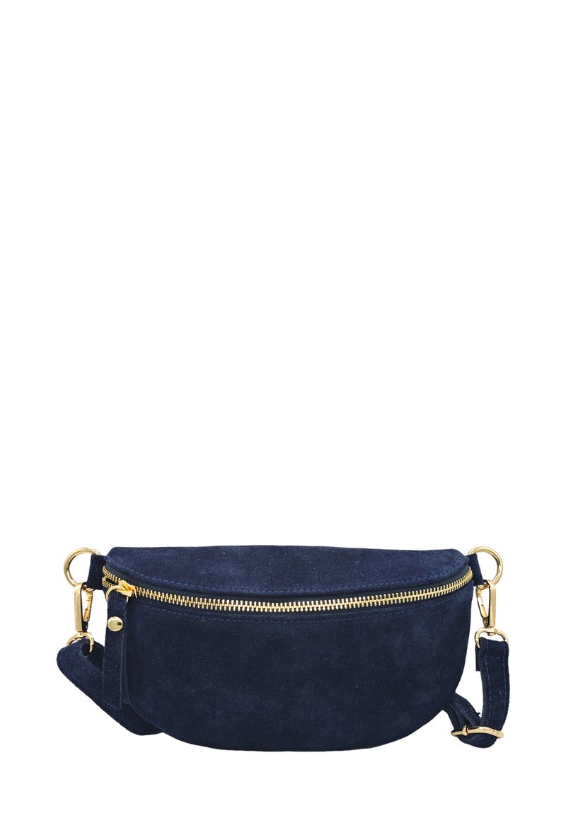 Sac à bandoulière en daim bleu marine avec fermeture éclair dorée, forme ronde, une sangle amovible et des accents en métal doré. Texture douce et design minimaliste.